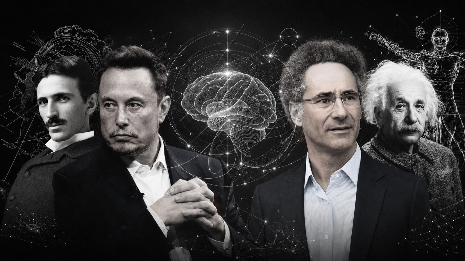 Composite plate: portraits of Tesla, Musk, Karp and Einstein against wireframe cortex and orbital diagrams.